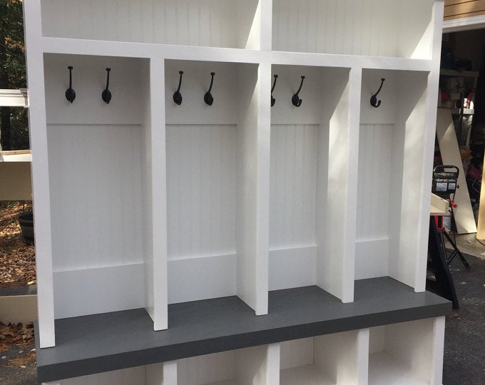 Mud room mudlocker hall tree, 4 Cubby with grey bench with 2 division overhead mud Locker