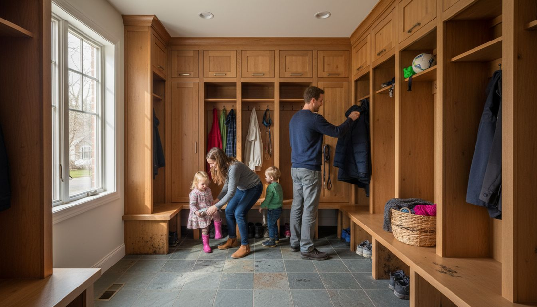 Family uses custom mudroom lockers in Maryland entry