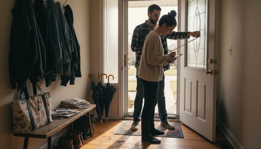 Couple measuring and planning busy entryway