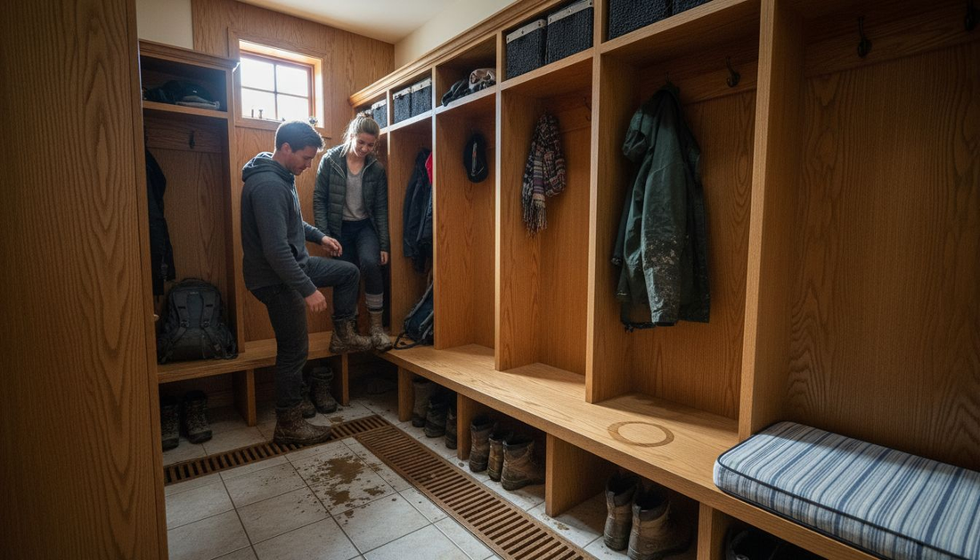 Homeowners organize gear in mud locker