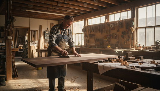 Artisan sanding custom table in workshop