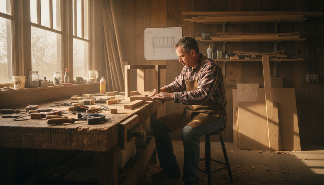 Craftsman builds custom entryway bench in sunlit workshop