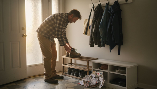 Homeowner organizing shoes in entryway