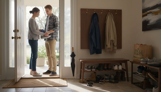 Couple using stylish entryway furniture