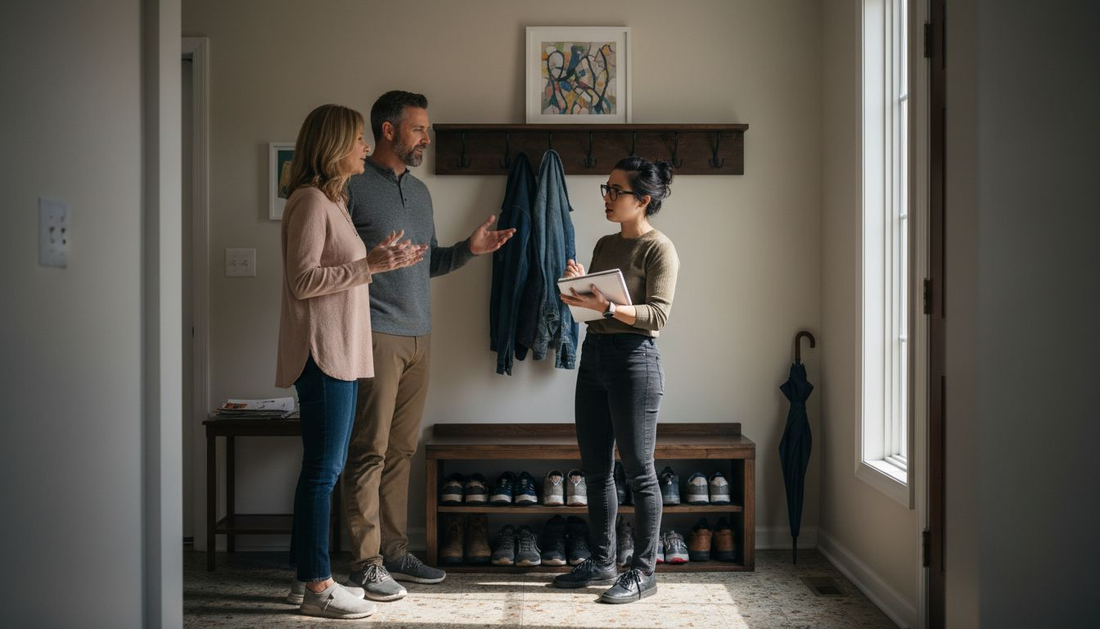 Couple consulting with designer in entryway