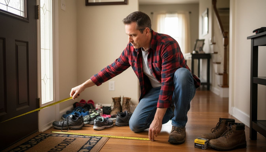 Homeowner measures entryway space for custom furniture