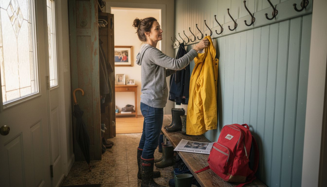 Mother organizing entryway mudroom furniture
