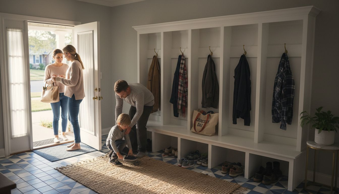 Family organized entryway with custom furniture