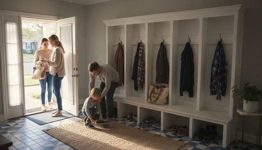 Family organized entryway with custom furniture