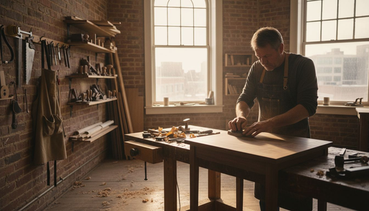 Craftsperson sanding walnut table in workshop