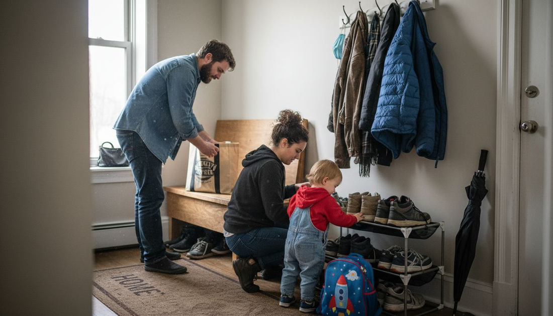 Family organizing personalized entryway storage