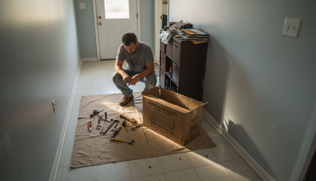 Homeowner preparing entryway bench installation