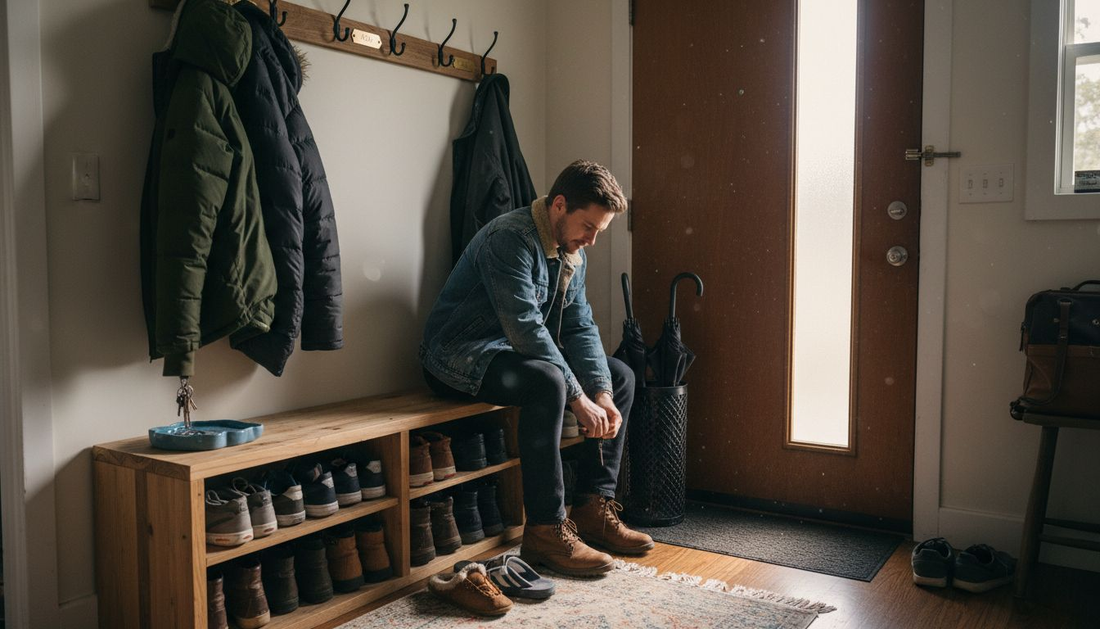 Couple using custom entryway furniture in apartment