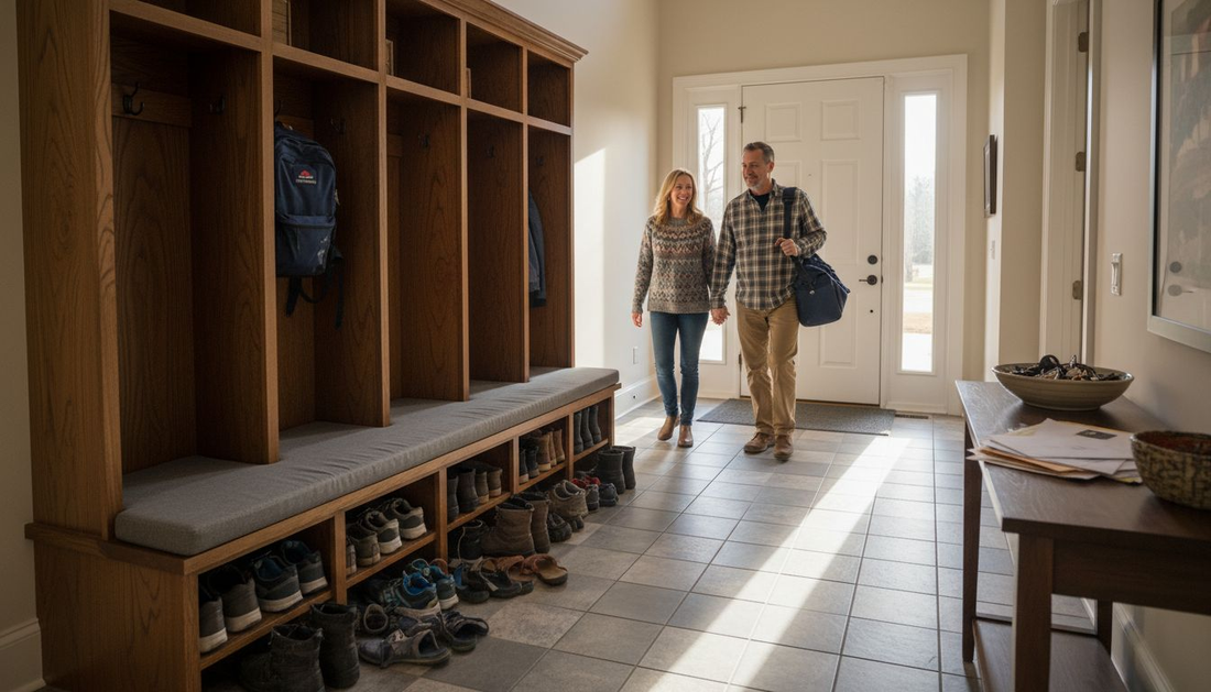 Couple entering custom home with practical entryway furniture