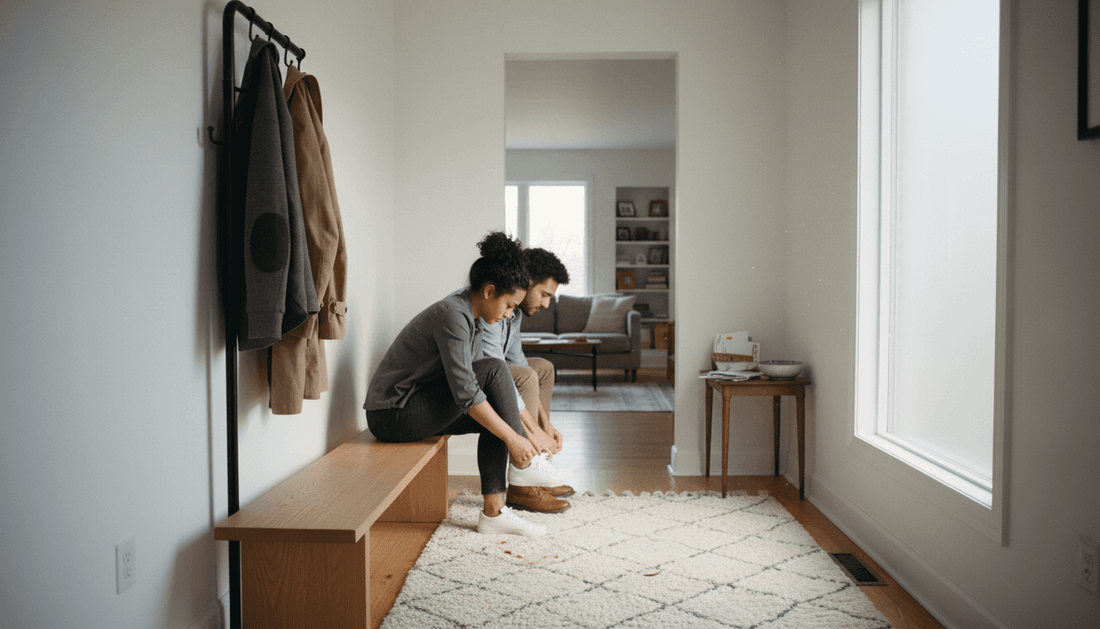 Couple using modern entryway with practical layout