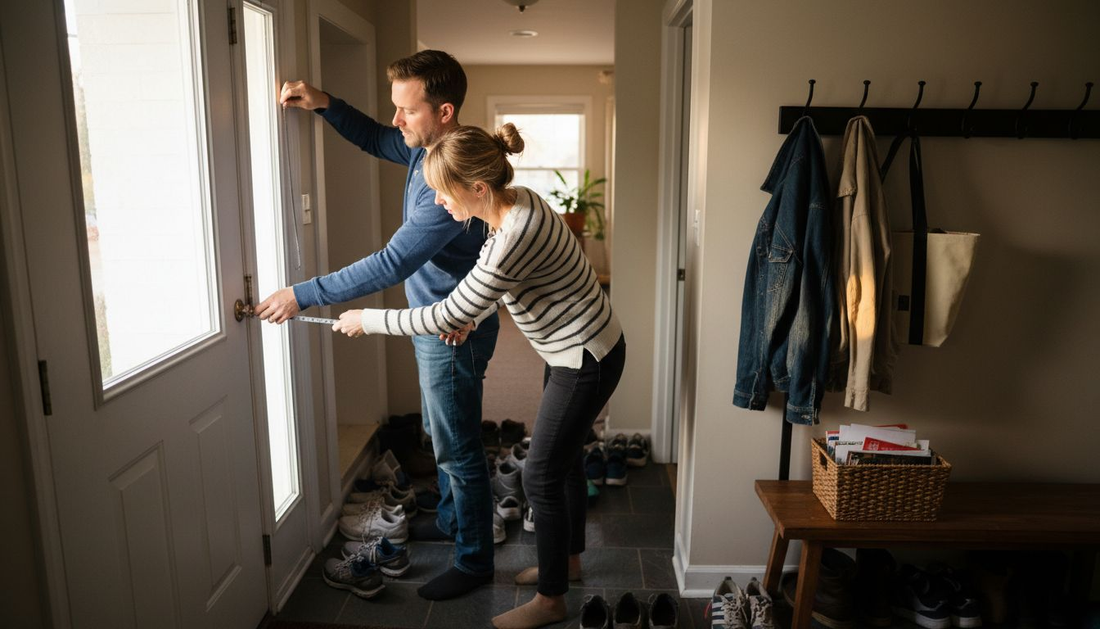 Couple measures cluttered home entryway