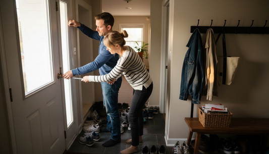 Couple measures cluttered home entryway