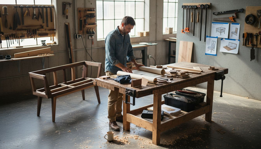 Designer reviewing custom furniture plans in sunlit studio