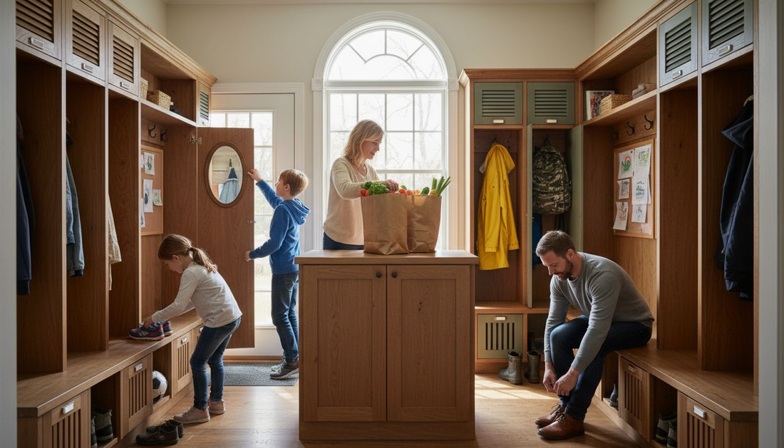 Family using multiple mudroom lockers in an entryway