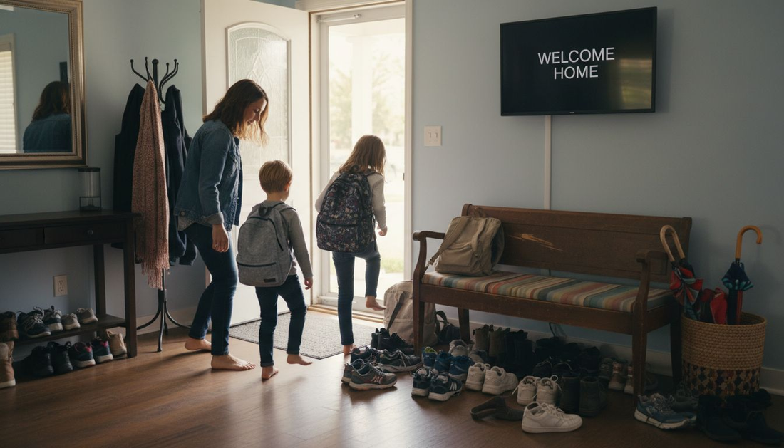 Family using entryway furniture in home