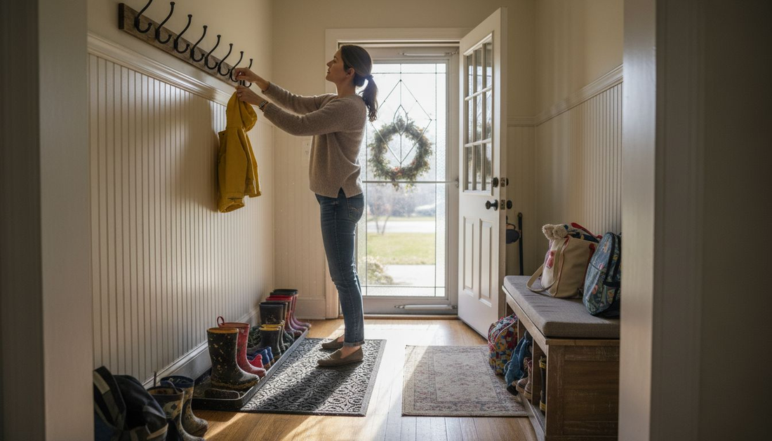 Mother organizing coats in busy home entryway