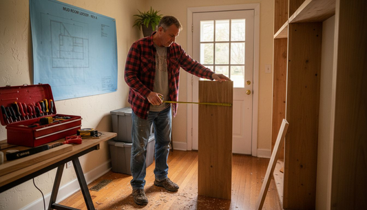 Craftsman measuring bespoke furniture in entryway