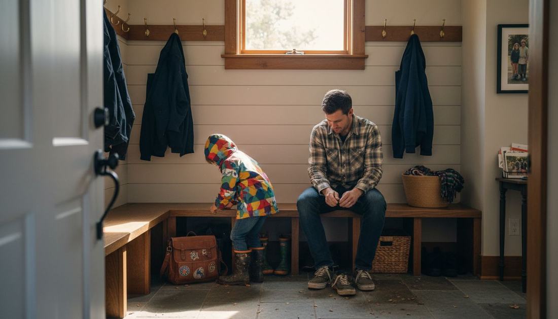 Family using entryway bench in mudroom