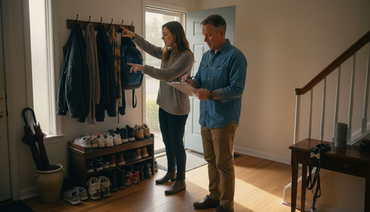 Designer consulting with clients in entryway