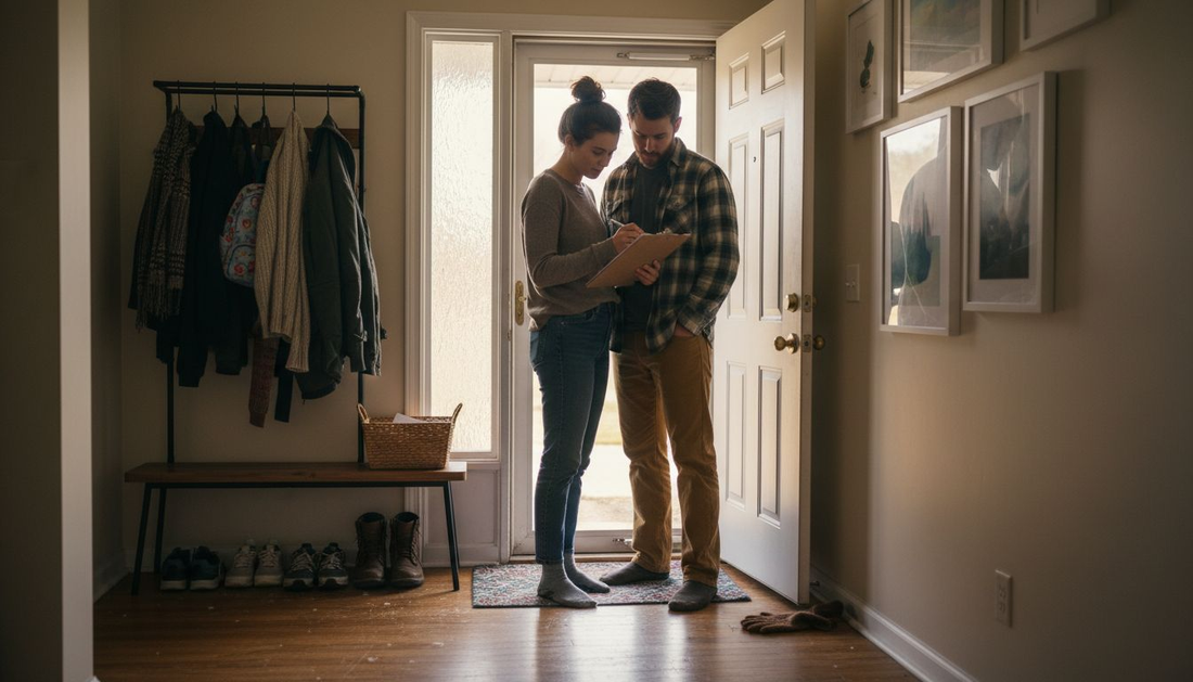 Couple reviewing entryway furniture checklist at home