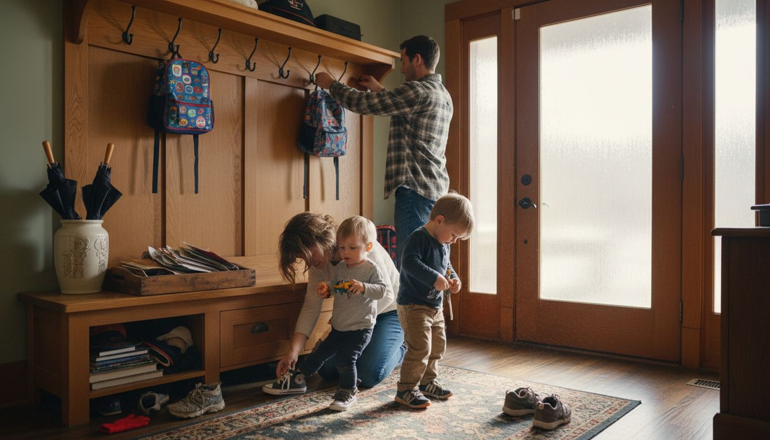 Family organizing entryway in morning routine