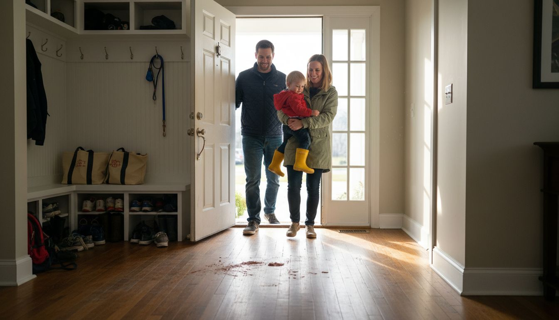 Family entering Maryland home entryway scene