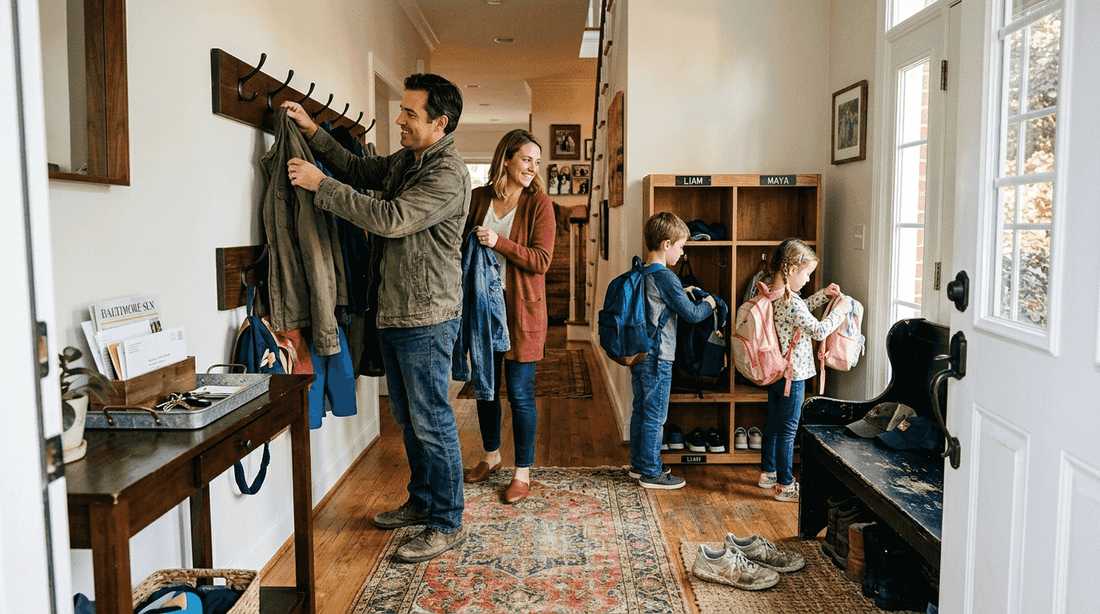 Family using custom entryway storage area