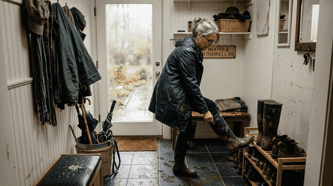 Homeowner entering Maryland mudroom rainy day