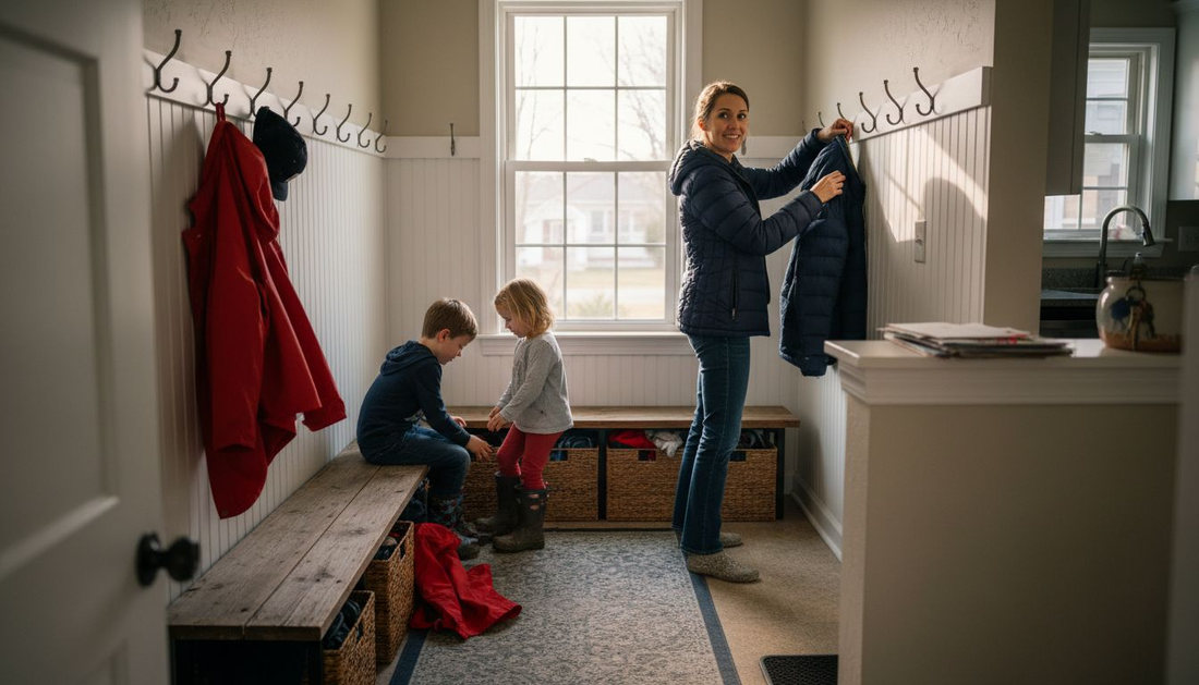 Family organizing coats in Maryland mudroom