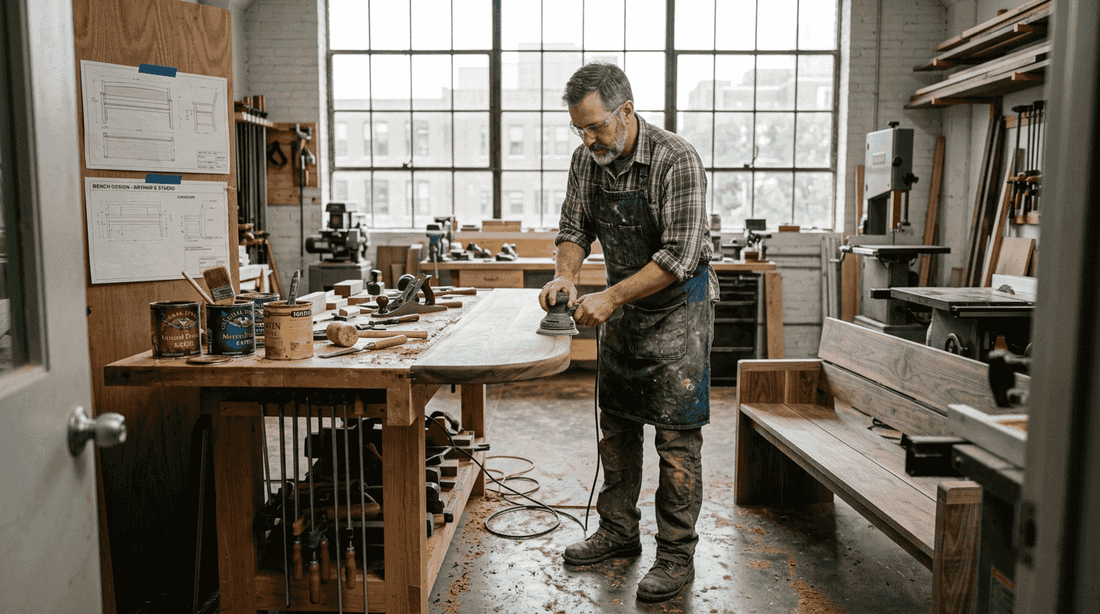 Furniture maker working in bright workshop