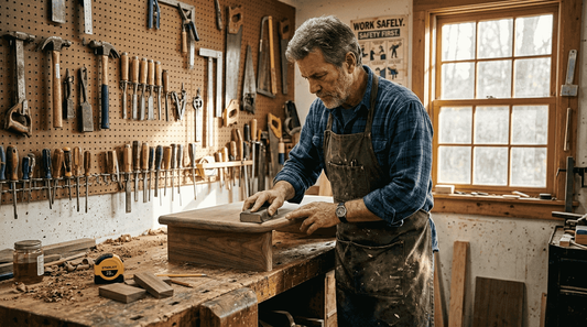 Craftsman sanding custom entryway bench in workshop