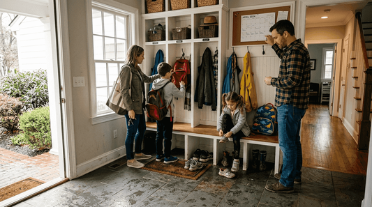 Family using built-in mud lockers in entryway