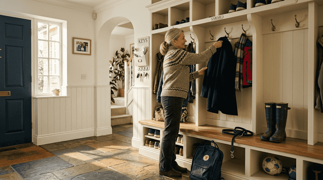 Custom mud locker in a lived-in entryway