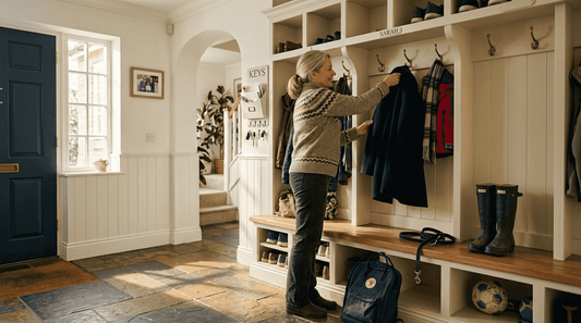 Custom mud locker in a lived-in entryway