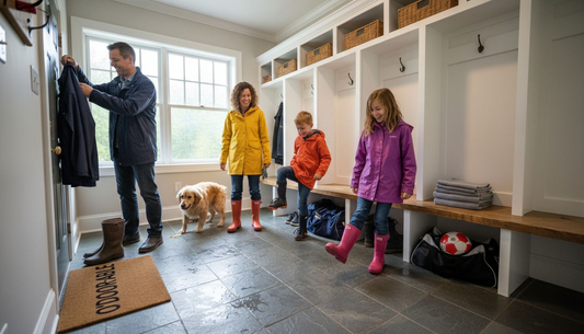 Family using custom mud locker in mudroom