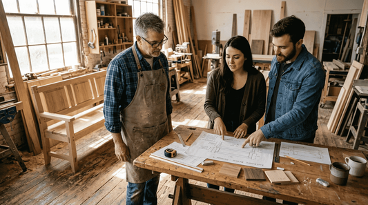 Designer and clients review custom furniture plans