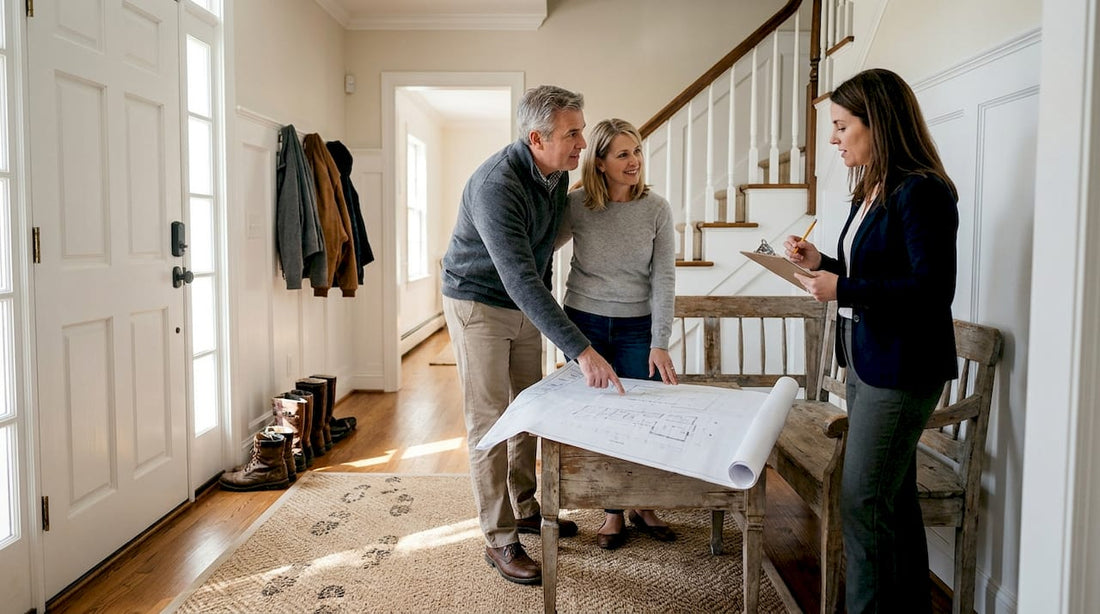 Couple and designer discussing custom entryway plans