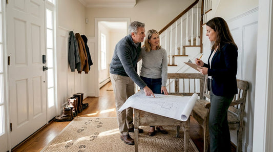 Couple and designer discussing custom entryway plans