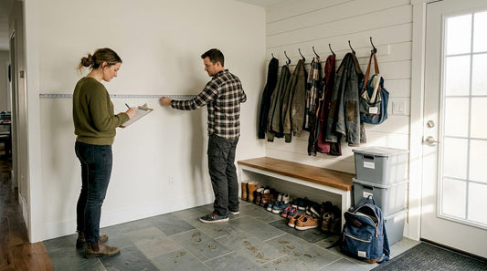 Couple planning mudroom layout with tape measure