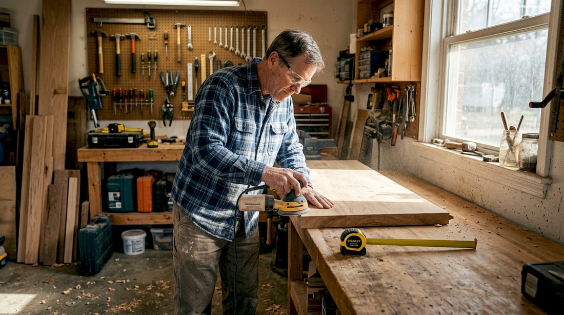 Woodworker crafting oak bench in garage shop