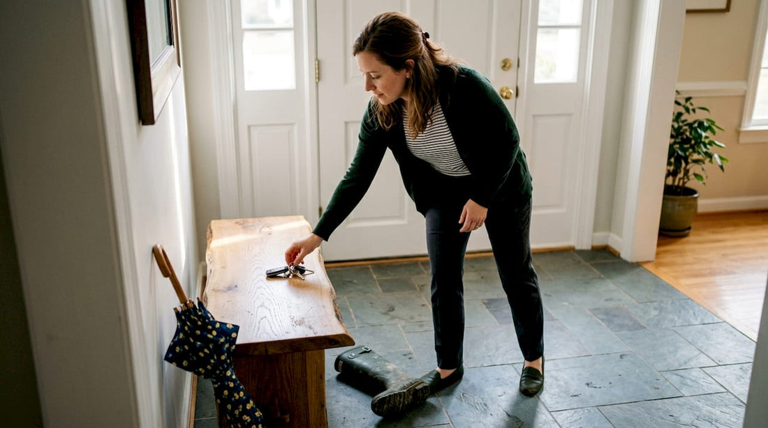 Woman using handmade oak entryway bench