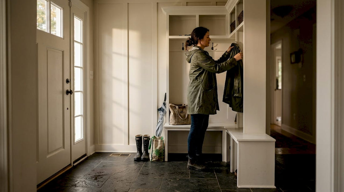 Maryland home entryway with custom mud locker
