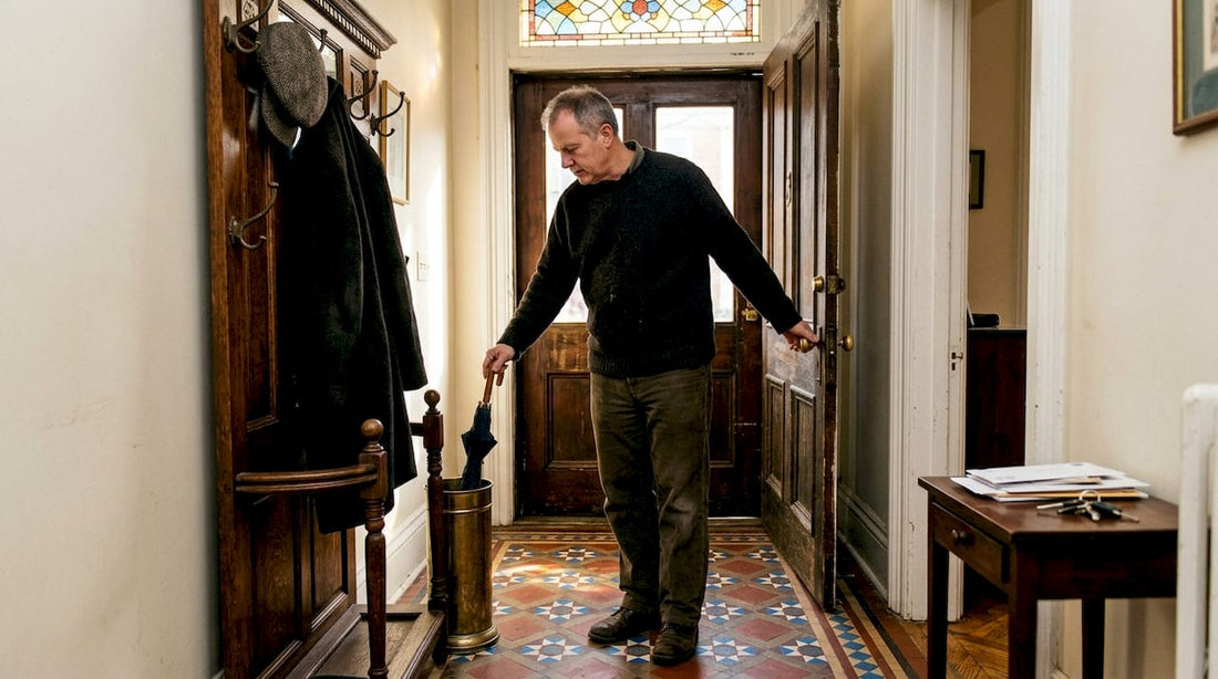 Victorian hall tree in historic home entryway