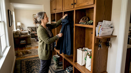 Woman using built-in mud locker entryway