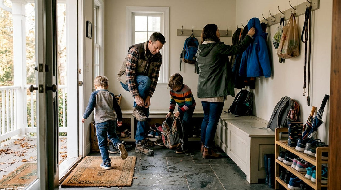 Family entering Maryland mudroom on rainy day